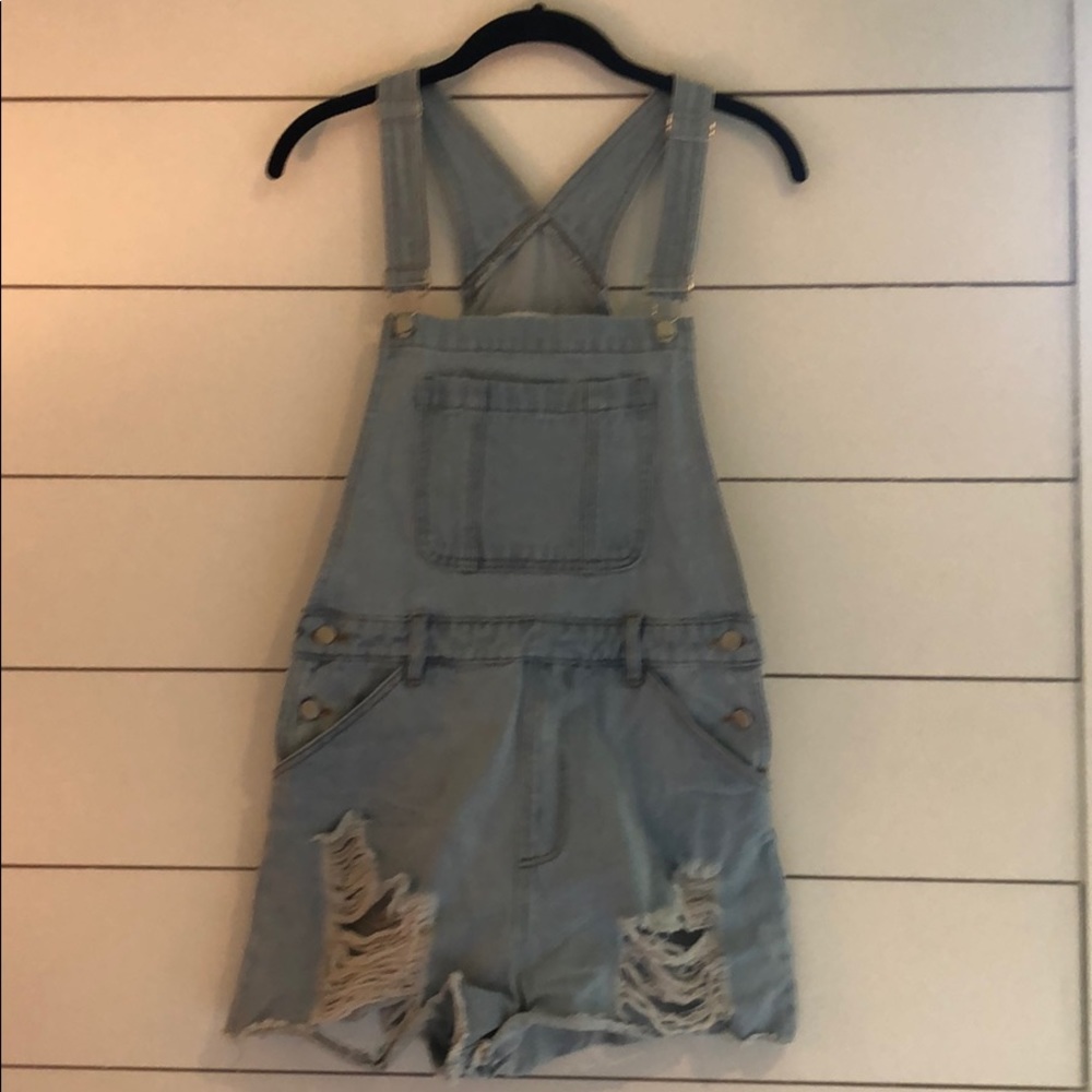 Honey Punch Distressed Denim Short Overalls